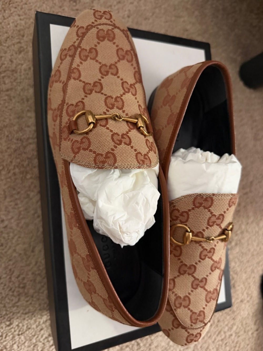 Gucci Beige/Tan GG Canvas Horsebit Loafers - Picture 2 of 6